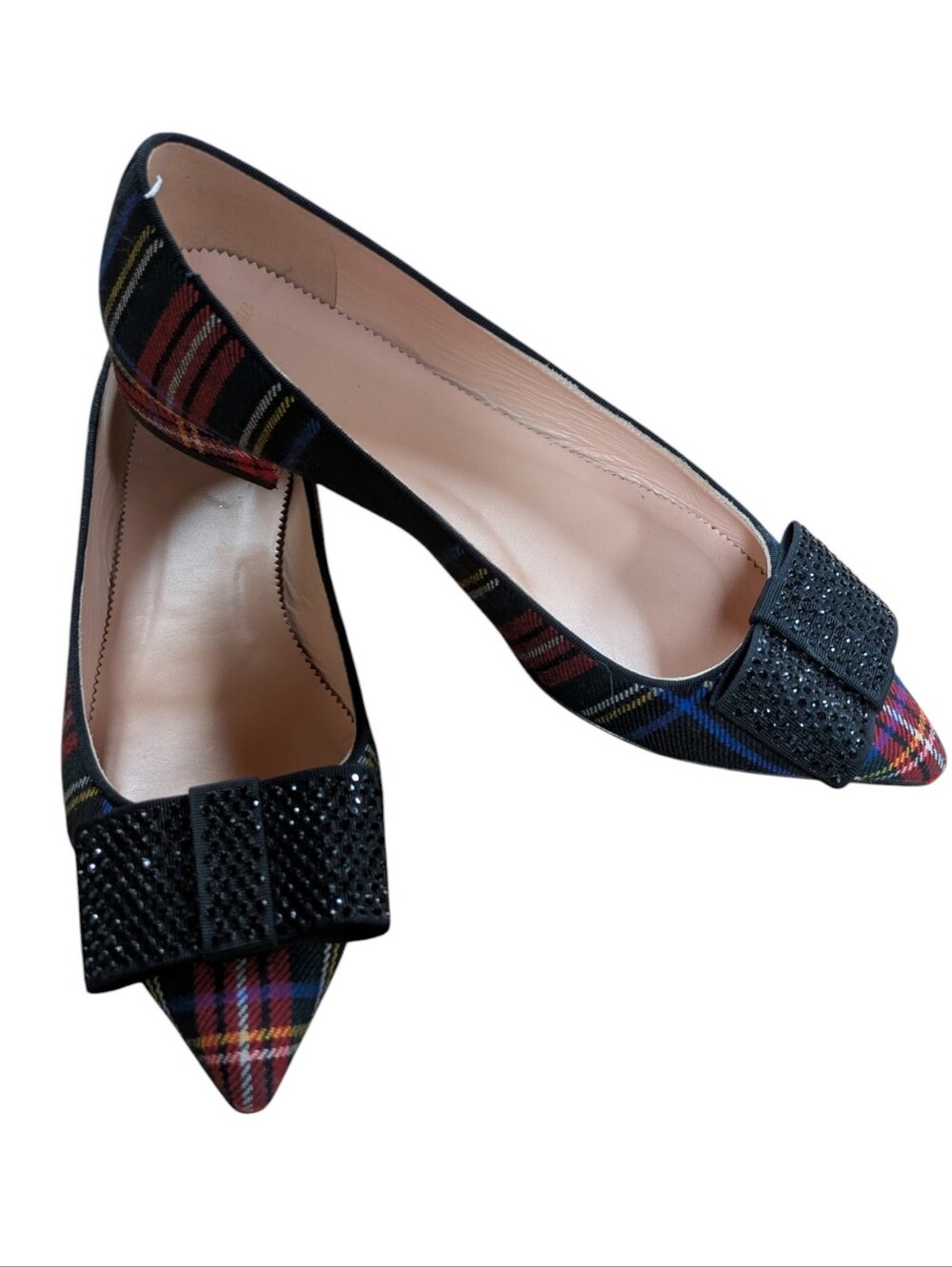J. Crew Tartan Plaid Rhinestone Bow Pointed Toe Flats Size 8.5 - Picture 2 of 12
